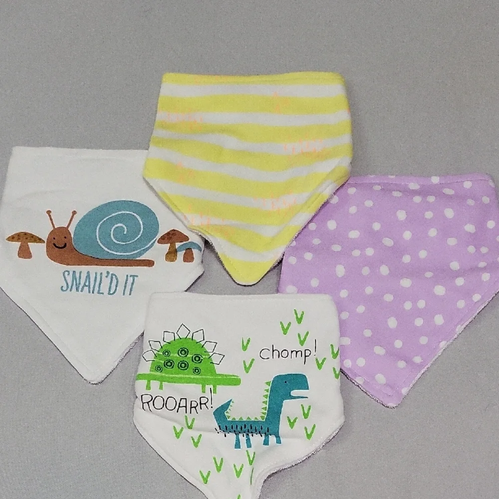Striped Yellow, Lavender & White Baby Bandana Bib Set - Cute Dino & Snail Prints
